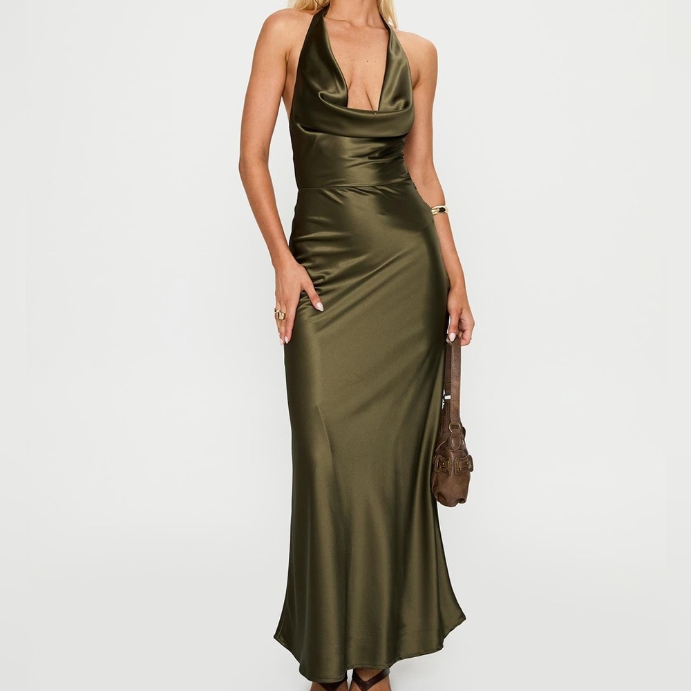 Princess Polly Olive Green Satin Halter Maxi Dress